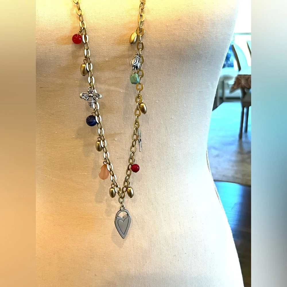 Charm Necklace Bee Heart Star Butterfly Gold Tone with Colorful Beads  Long